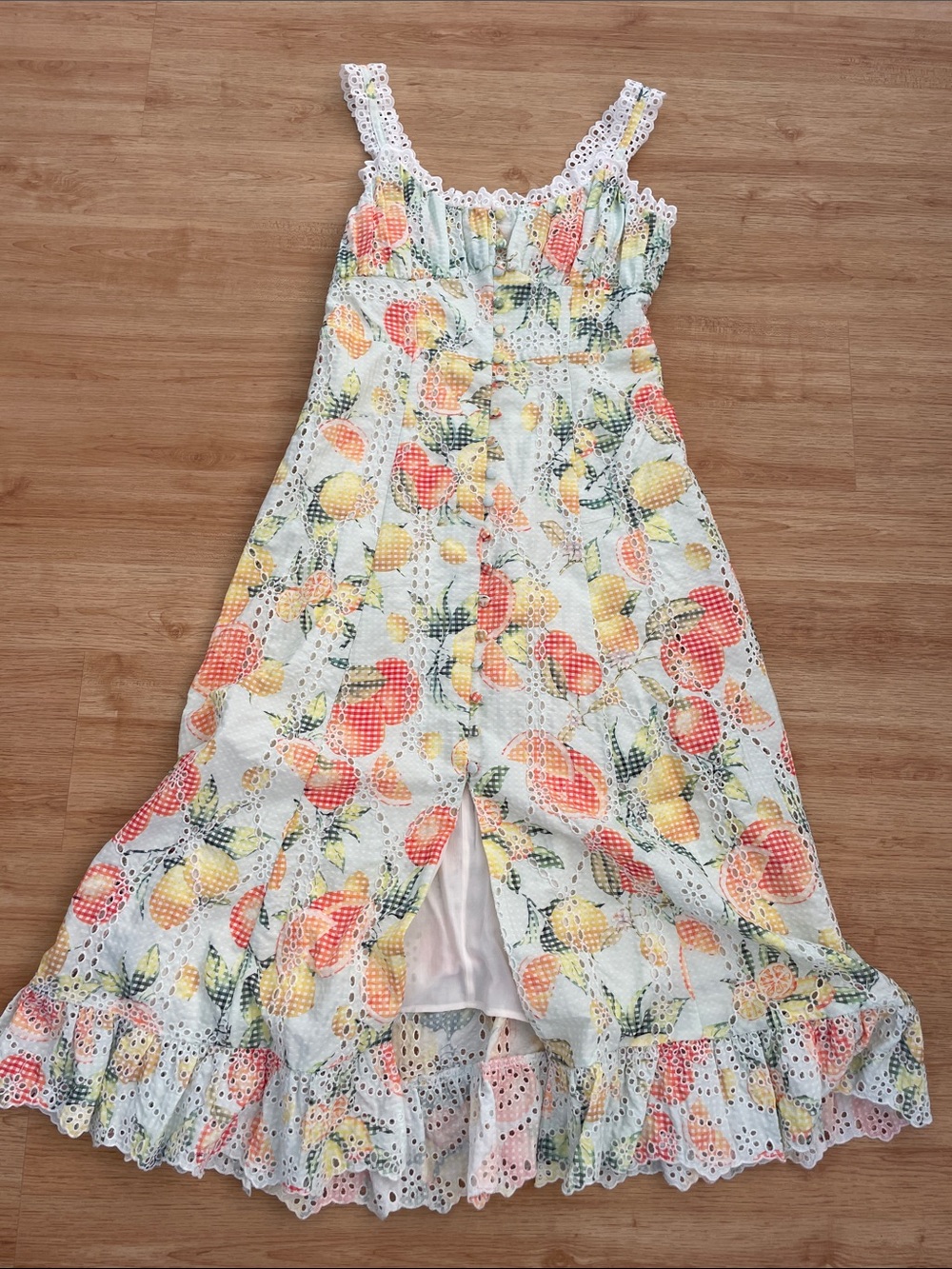 Anthropologie White Eyelet Maxi Dress with Peach and Yellow Floral Print